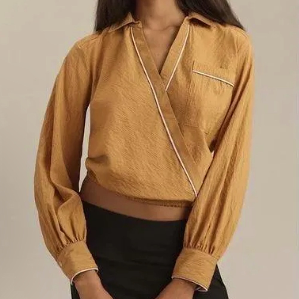 Anthropologie Maeve Long-Sleeved Piped Wrap Blouse Mustard Yellow Motif Size L - Picture 2 of 9